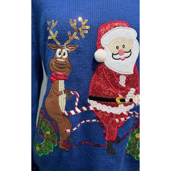 Vintage Embroidered Christmas Sweater 80s Retro Sequins Holidays Size M - Picture 2 of 4